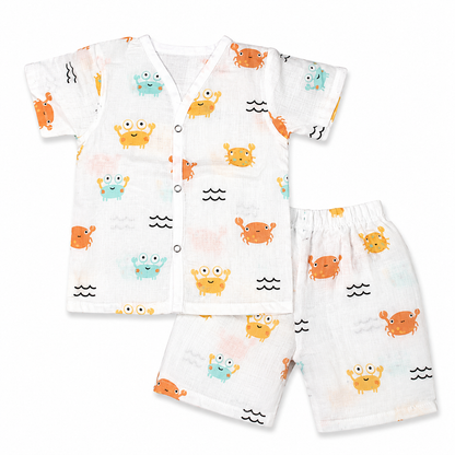 Baby cotton pajama set 6M-9M with crab print, muslin baby nightwear and breathable half sleeve cordset