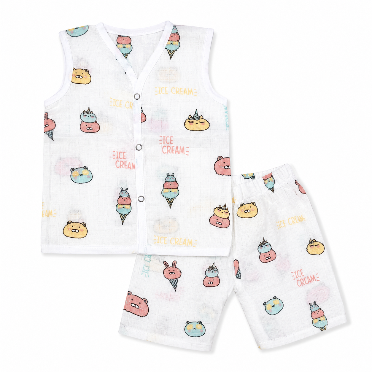 Newborn Organic Muslin Jhabla & Pajama Set  Sleevless - Size 3m-6m-Ice cream Print