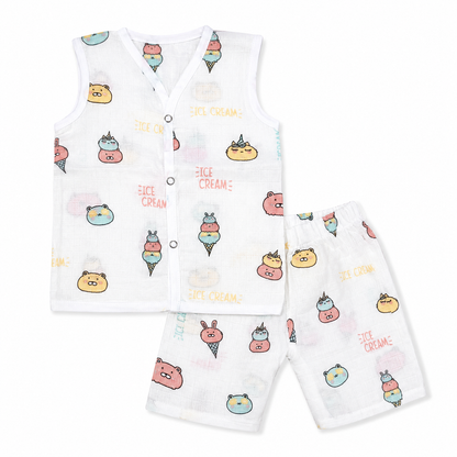 Newborn Organic Muslin Jhabla & Pajama Set  Sleevless - Size 3m-6m-Ice cream Print
