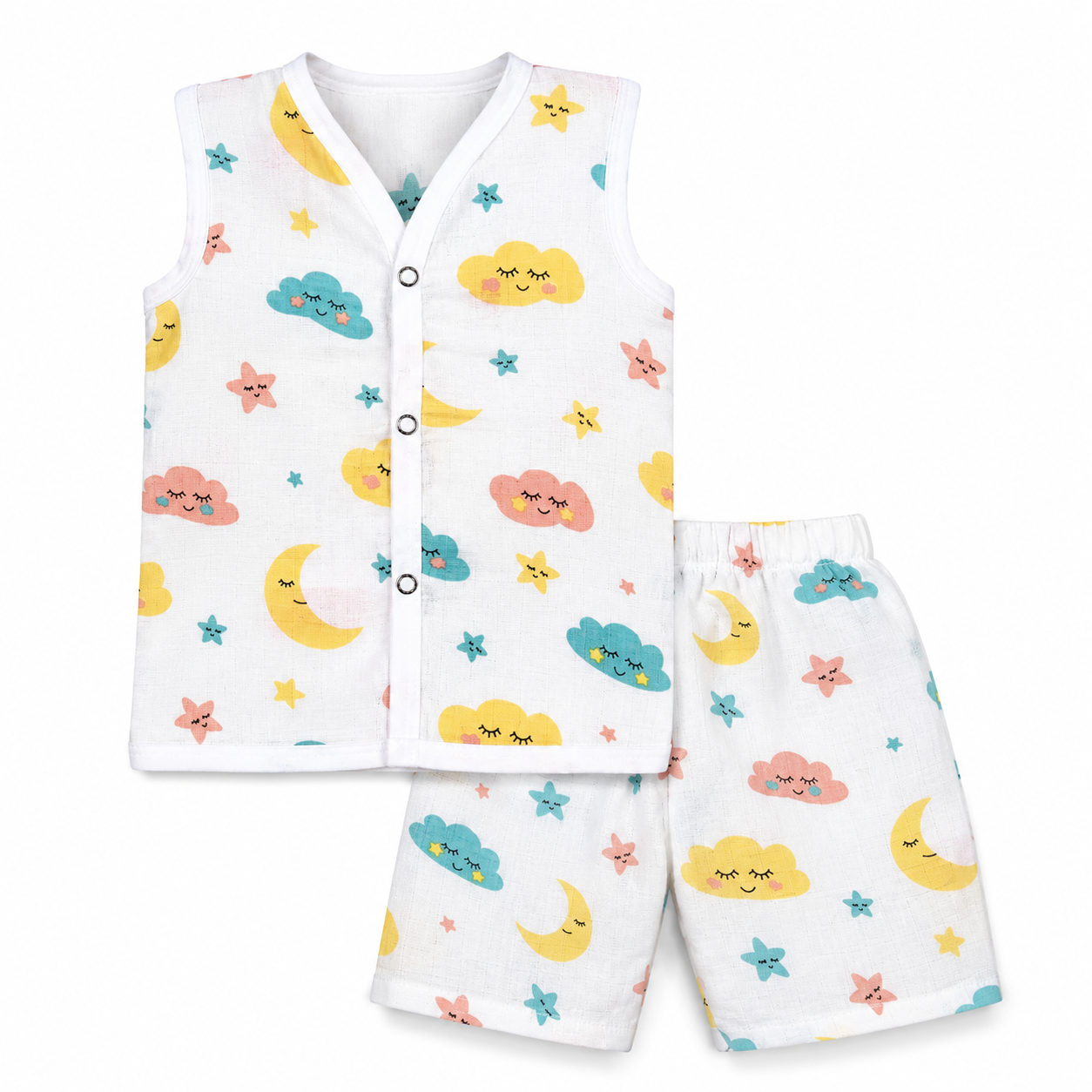 Soft muslin baby coord set with cloud print sleeveless vest and shorts for 3M-6M babies