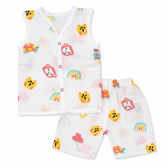 Monkey print muslin baby cord set with sleeveless cotton vest and shorts for 3M-6M babies