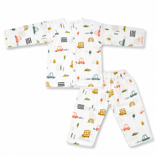 Newborn Organic Muslin Jhabla & Pajama Set  Sleeveless - Size 6m-9m-Car Print