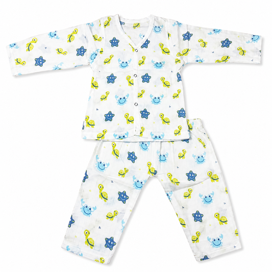 Muslin cotton baby sleepwear 9M-12M with turtle print organic night suit