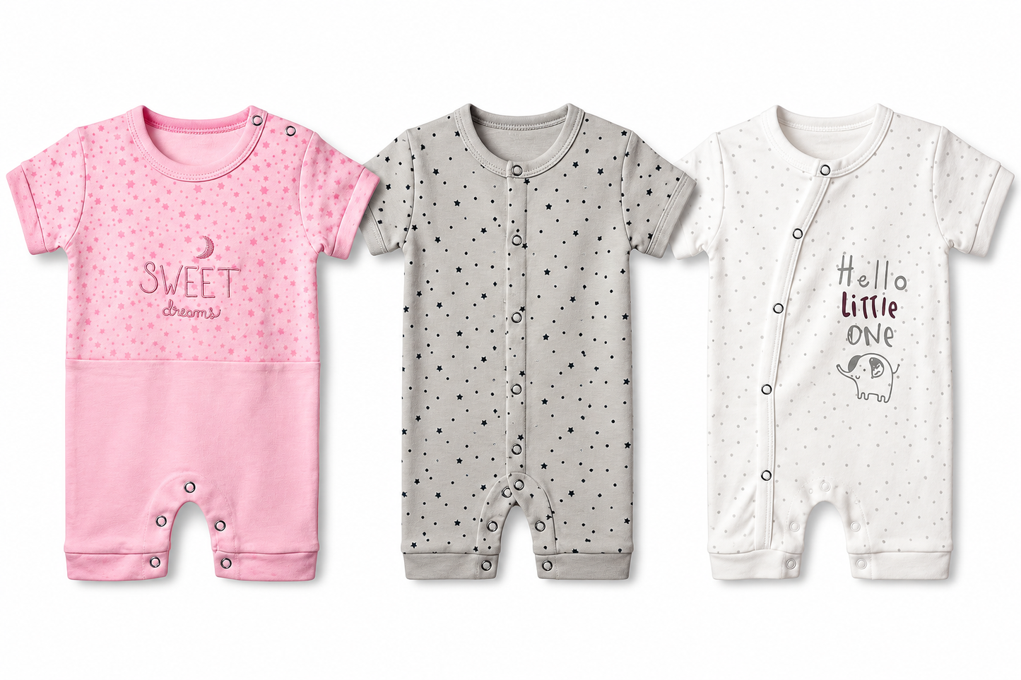 Cotton baby jumpsuit combo pack of 3 for 6M-9M babies with assorted cute prints