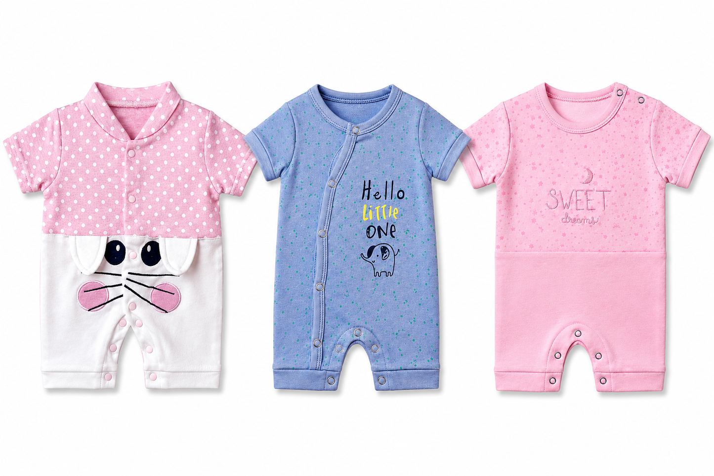 Cotton baby jumpsuit combo pack of 3 for 6M-9M babies with assorted cute prints