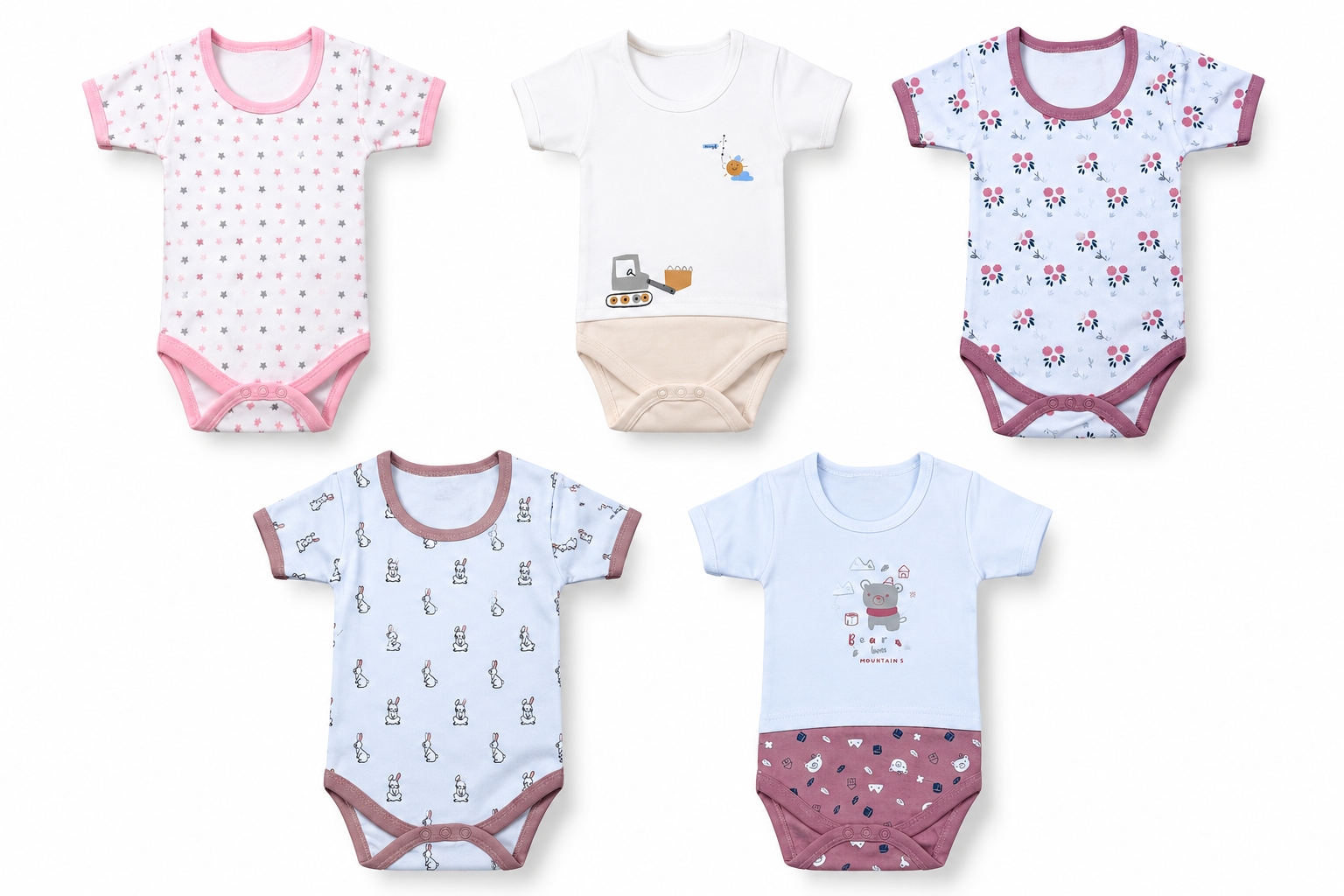 Premium baby romper combo pack of 5 for 9M-12M babies with assorted prints