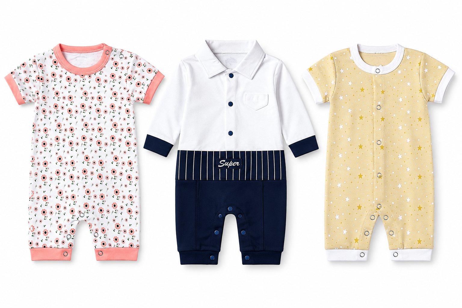 Breathable baby jumpsuit combo pack for 6M-9M babies with assorted cute prints