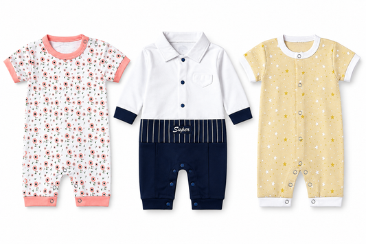 Breathable baby jumpsuit combo pack for 6M-9M babies with assorted cute prints