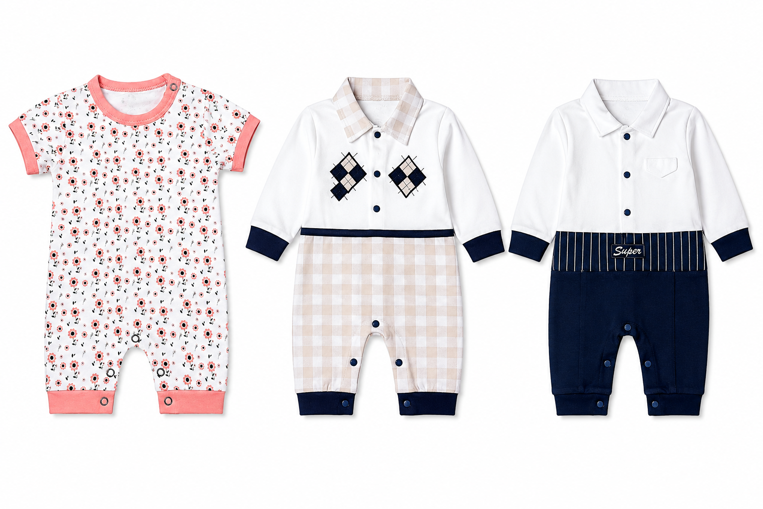 Cotton baby romper set pack of 3 for 6M-9M babies with assorted stylish prints