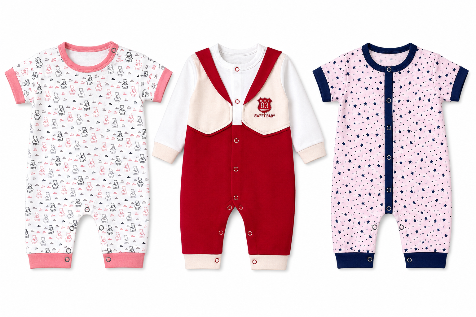 Baby polo romper combo pack of 3 for 6M-9M toddlers with assorted premium prints