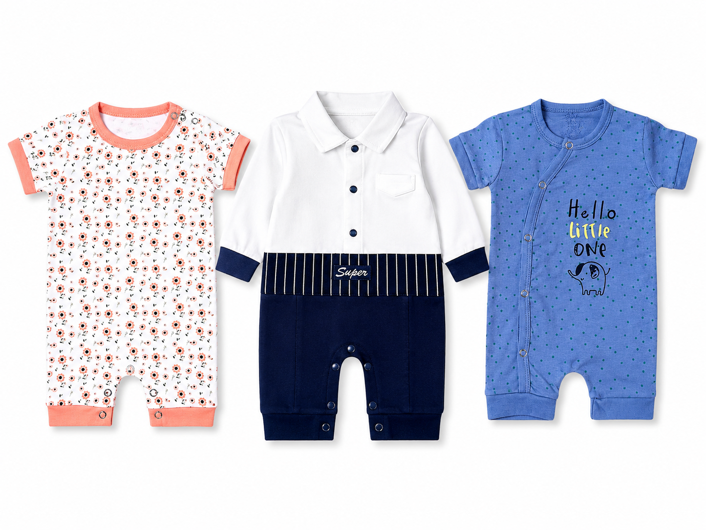 Premium baby romper combo pack for 6M-9M babies with assorted cute prints and soft cotton fabric