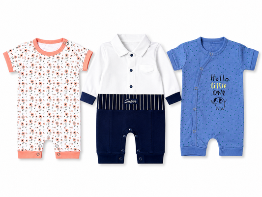 Premium baby romper combo pack for 6M-9M babies with assorted cute prints and soft cotton fabric