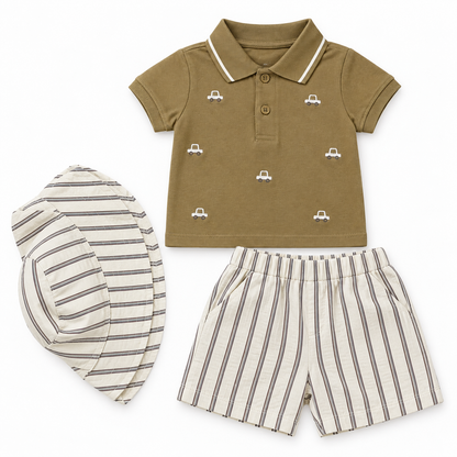 Bearbaby Green Dash Baby Polo T-Shirt, Shorts & Cap Set | 3M-24M   -3