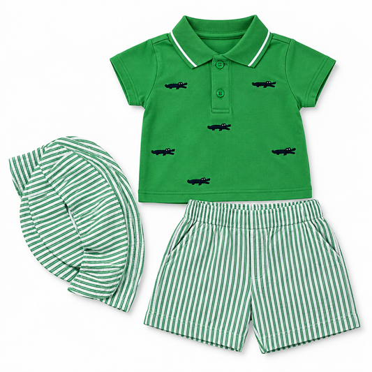 Bearbaby Green Dash Baby Polo T-Shirt, Shorts & Cap Set | 3M-24M   -3