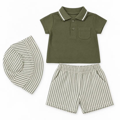 Bearbaby Green Dash Baby Polo T-Shirt, Shorts & Cap Set | 3M-24M   -3