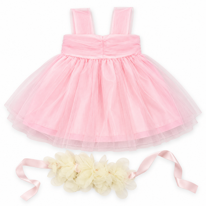 Bearbaby Girls Party Wear Tulle Dress with Floral Belt – Pink & Green