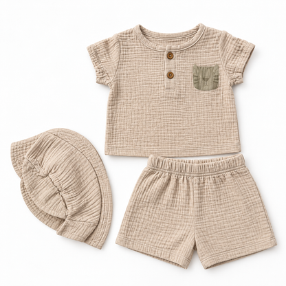Bearbaby Beige Baby T-Shirt, Shorts & Hat Set | 3M-9M  --5