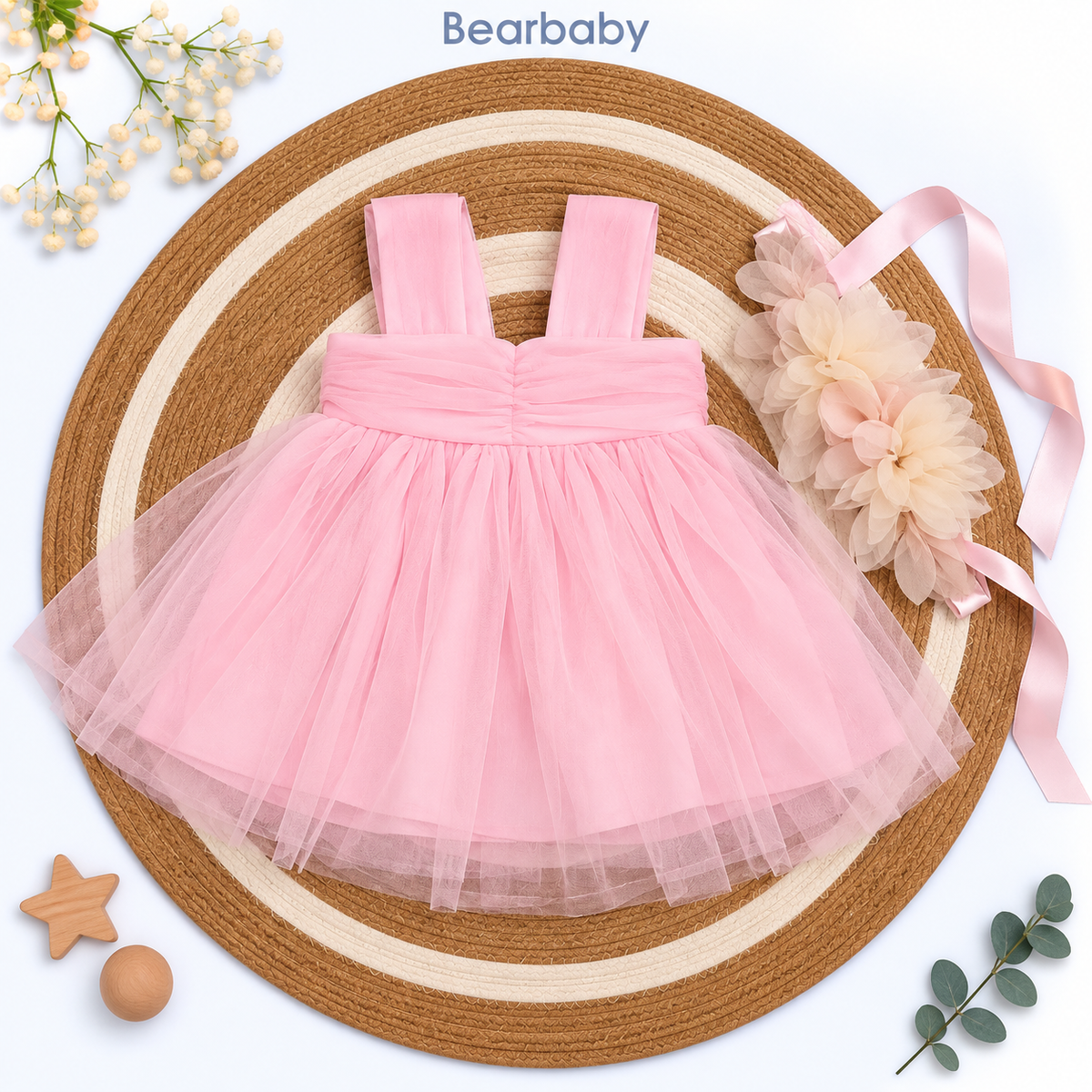 Bearbaby Girls Party Wear Tulle Dress with Floral Belt – Pink & Green