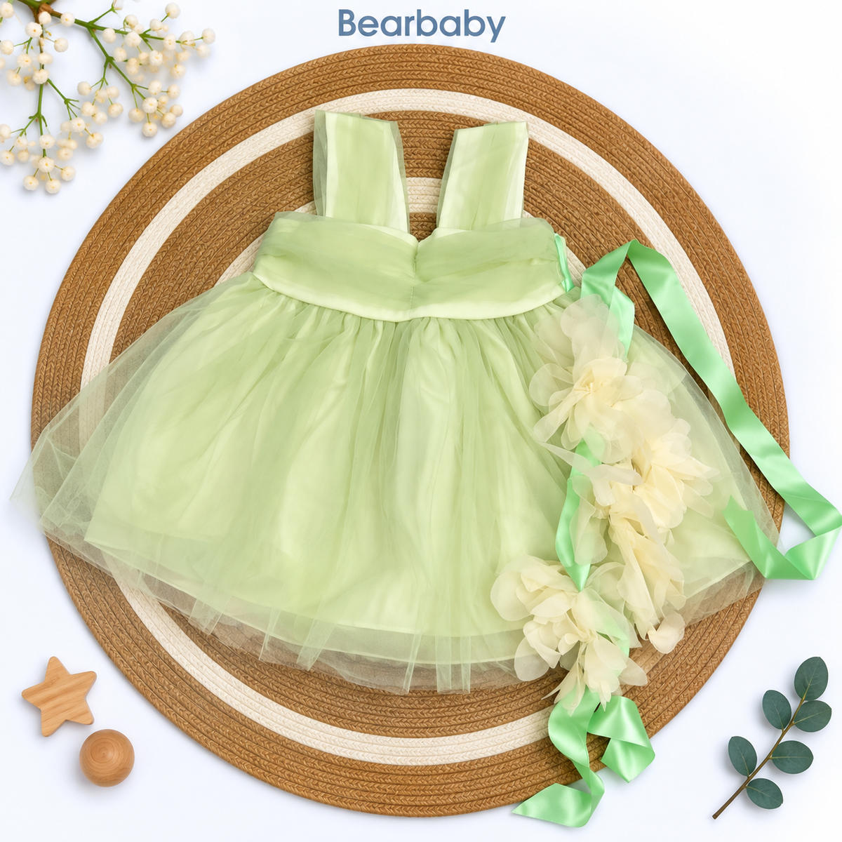 Bearbaby Girls Party Wear Tulle Dress with Floral Belt – Pink & Green