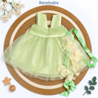 Bearbaby Girls Party Wear Tulle Dress with Floral Belt – Pink & Green
