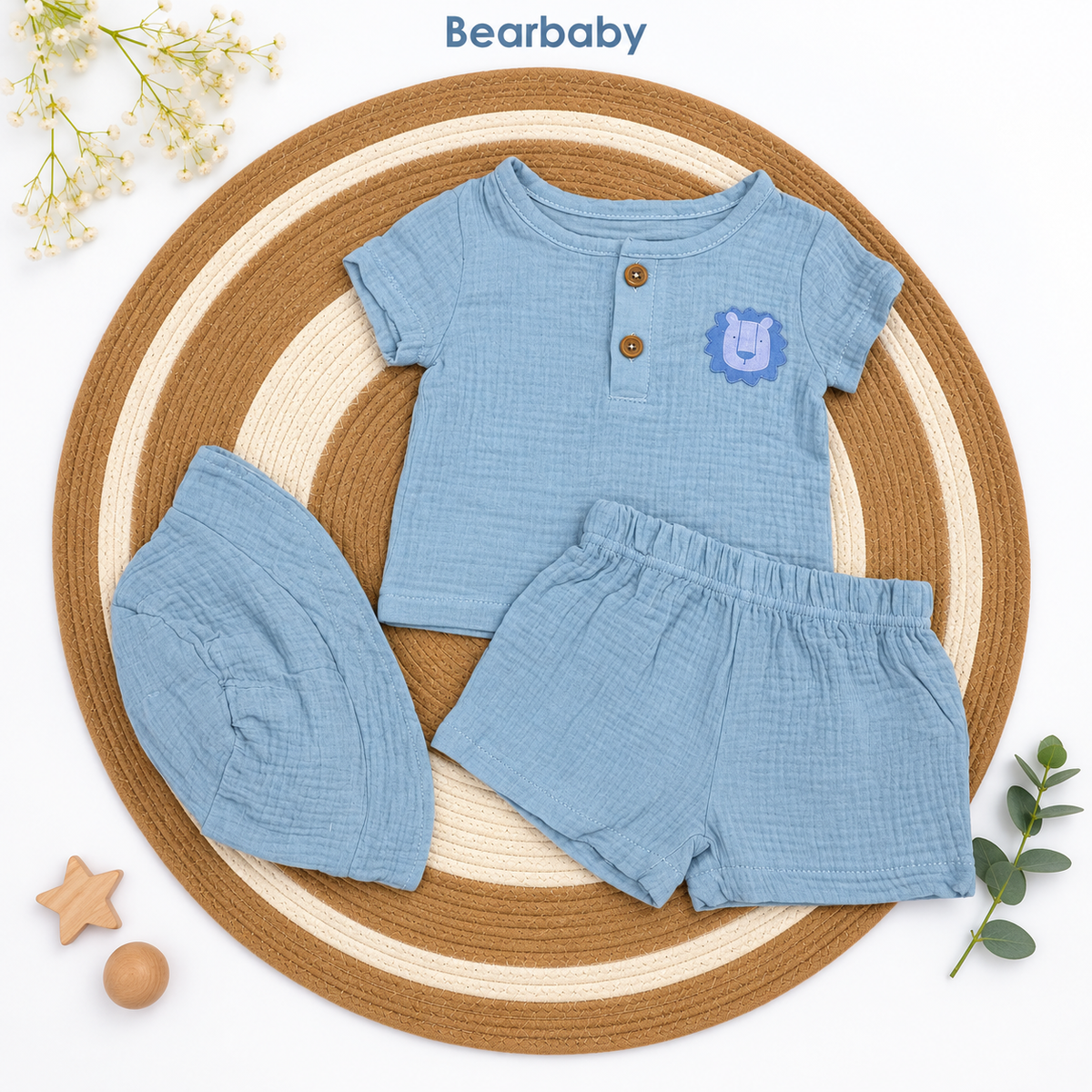 Bearbaby Beige Baby T-Shirt, Shorts & Hat Set | 3M-9M  --5