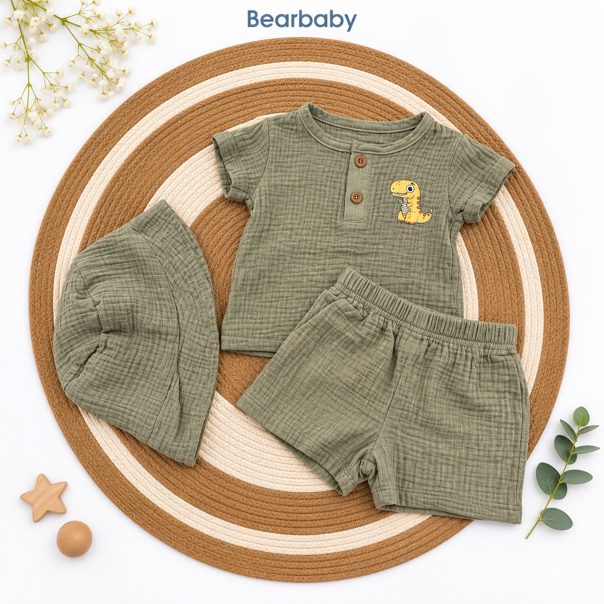 Bearbaby Beige Baby T-Shirt, Shorts & Hat Set | 3M-9M  --5