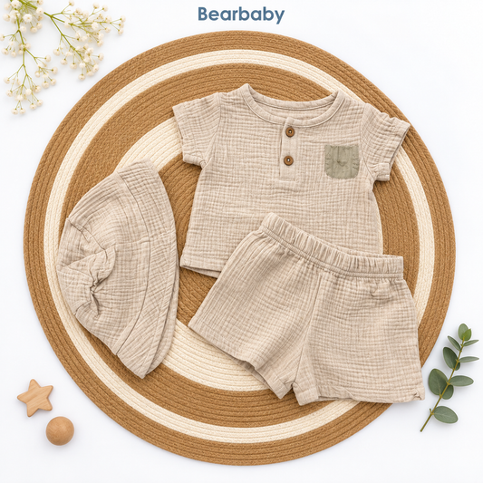 Bearbaby Beige Baby T-Shirt, Shorts & Hat Set | 3M-9M  --5