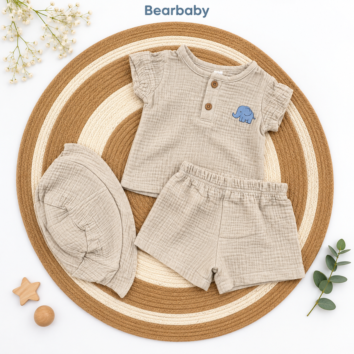 Bearbaby Beige Baby T-Shirt, Shorts & Hat Set | 3M-9M  --5