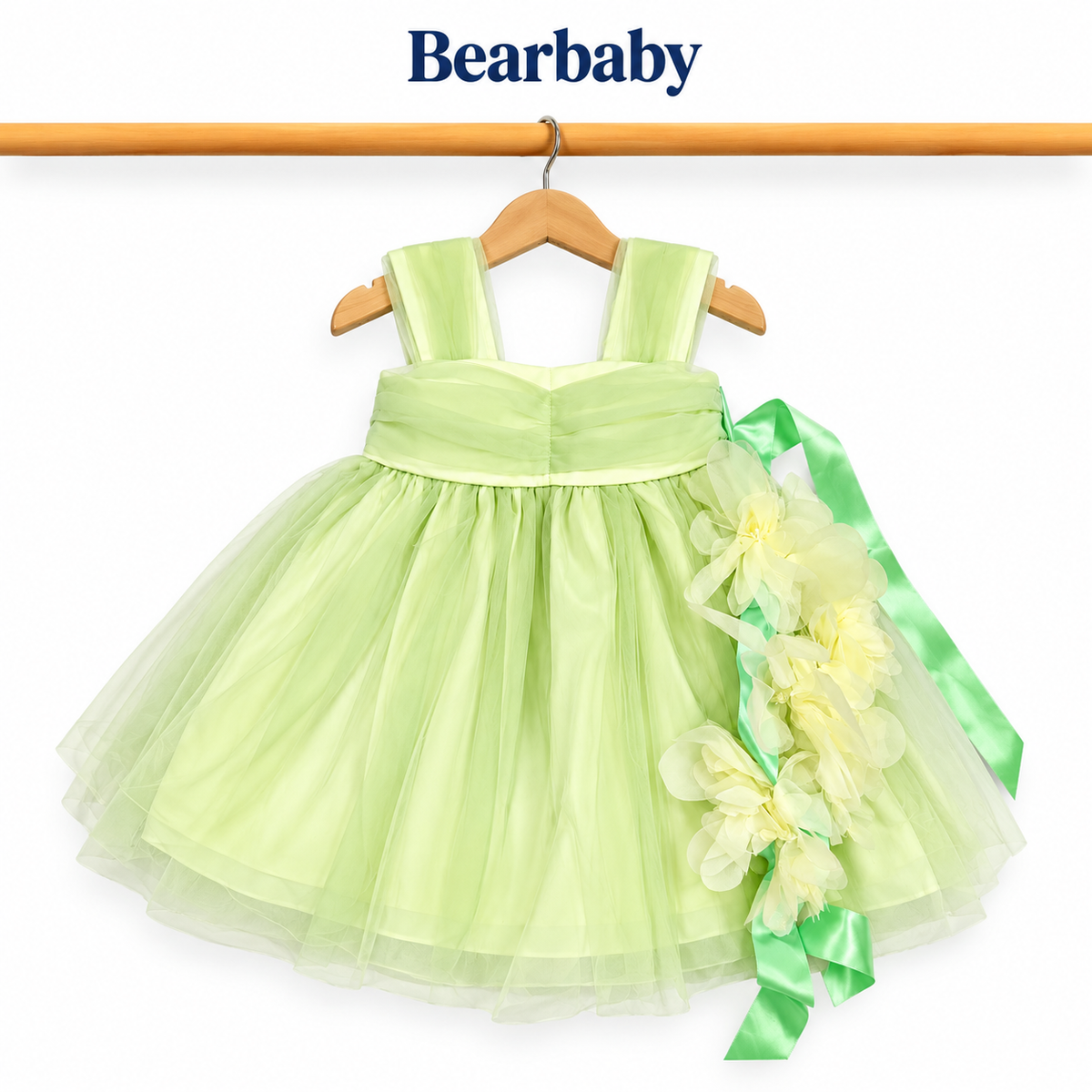 Bearbaby Girls Party Wear Tulle Dress with Floral Belt – Pink & Green
