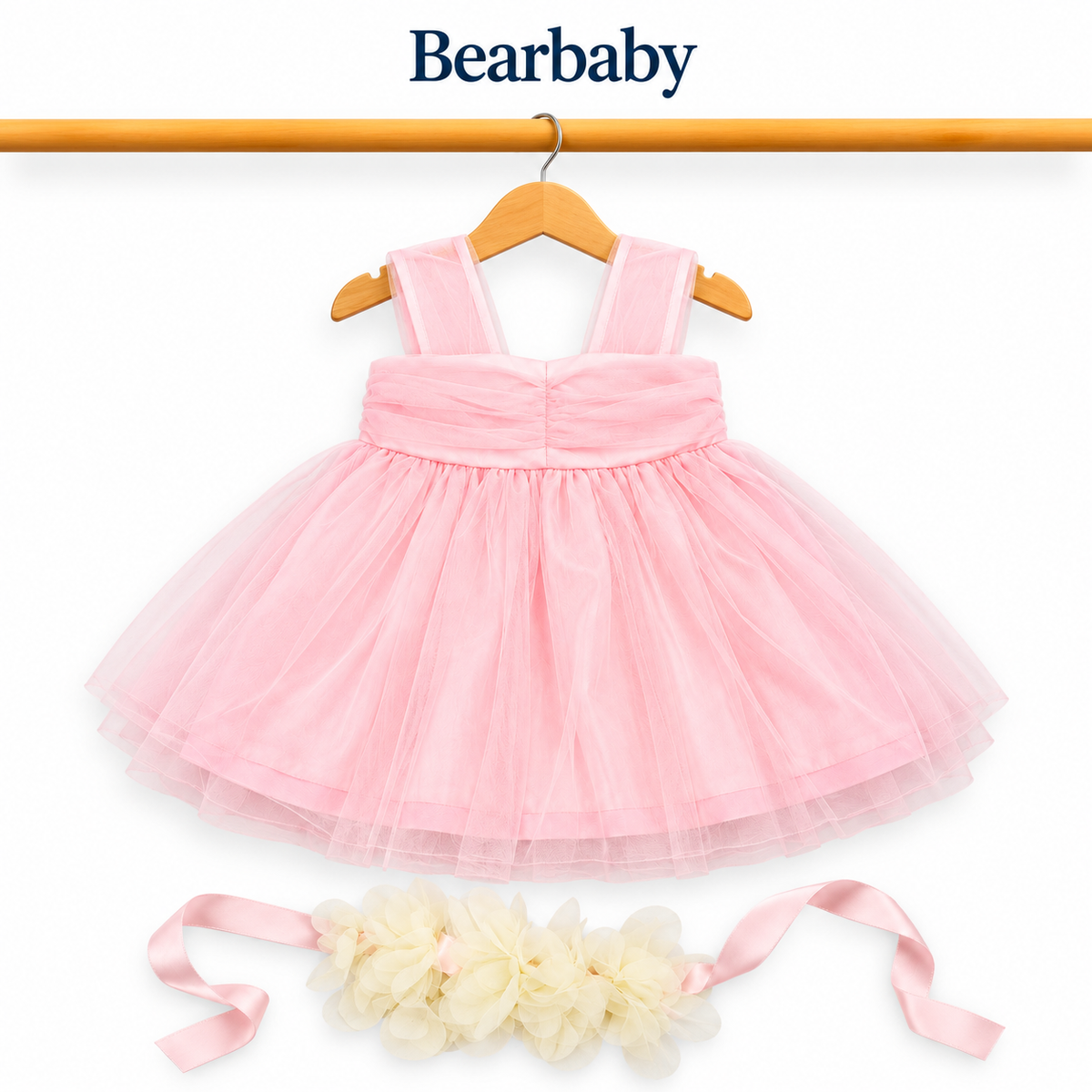 Bearbaby Girls Party Wear Tulle Dress with Floral Belt – Pink & Green