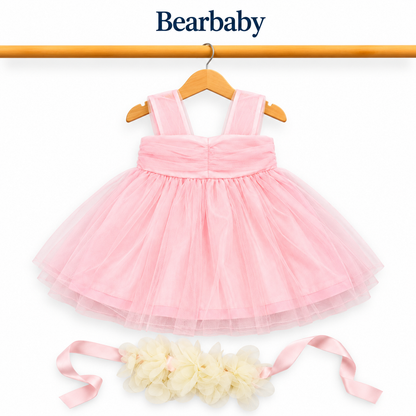 Bearbaby Girls Party Wear Tulle Dress with Floral Belt – Pink & Green