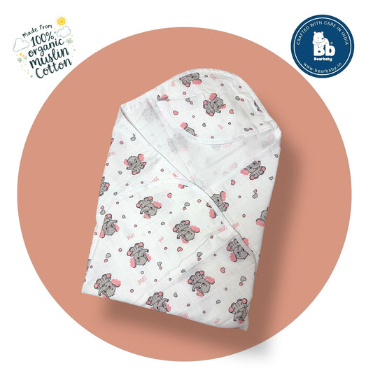 Muslin Hooded Towel for Newborn Baby-2Layer-Size 70cm*70cm-Baby Elephant Print