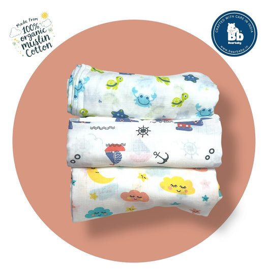Muslin Soft Cotton Swaddle/Baby Wrapper-Size 100cm*100cm-Combo Pack of 3-Assorted Prints5