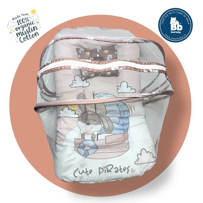 Baby Bed with Thick Mattress & Mosquito Net & Neck Pillowwith Zip Closure-Cute Pirates