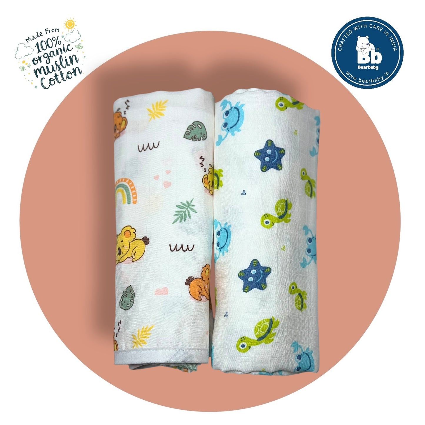 Muslin Hooded Towel for Newborn Baby-2Layer-Size 70cm*70cm-Combo Pack of 2 Multi Primts