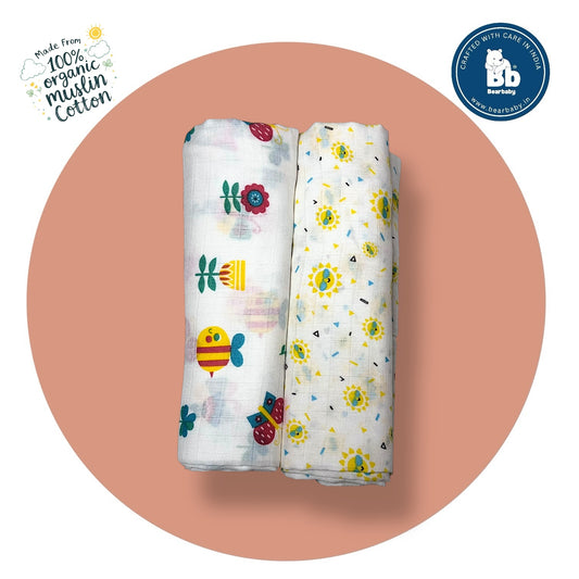 Muslin Towel for Newborn Baby-1Layer/Size 70cm*145cm-Combo Pack 2-Assorted Prints1