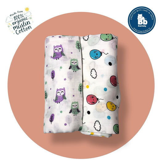 Muslin Towel for Newborn Baby-1Layer/Size 70cm*145cm-Combo Pack 2-Assorted Prints5