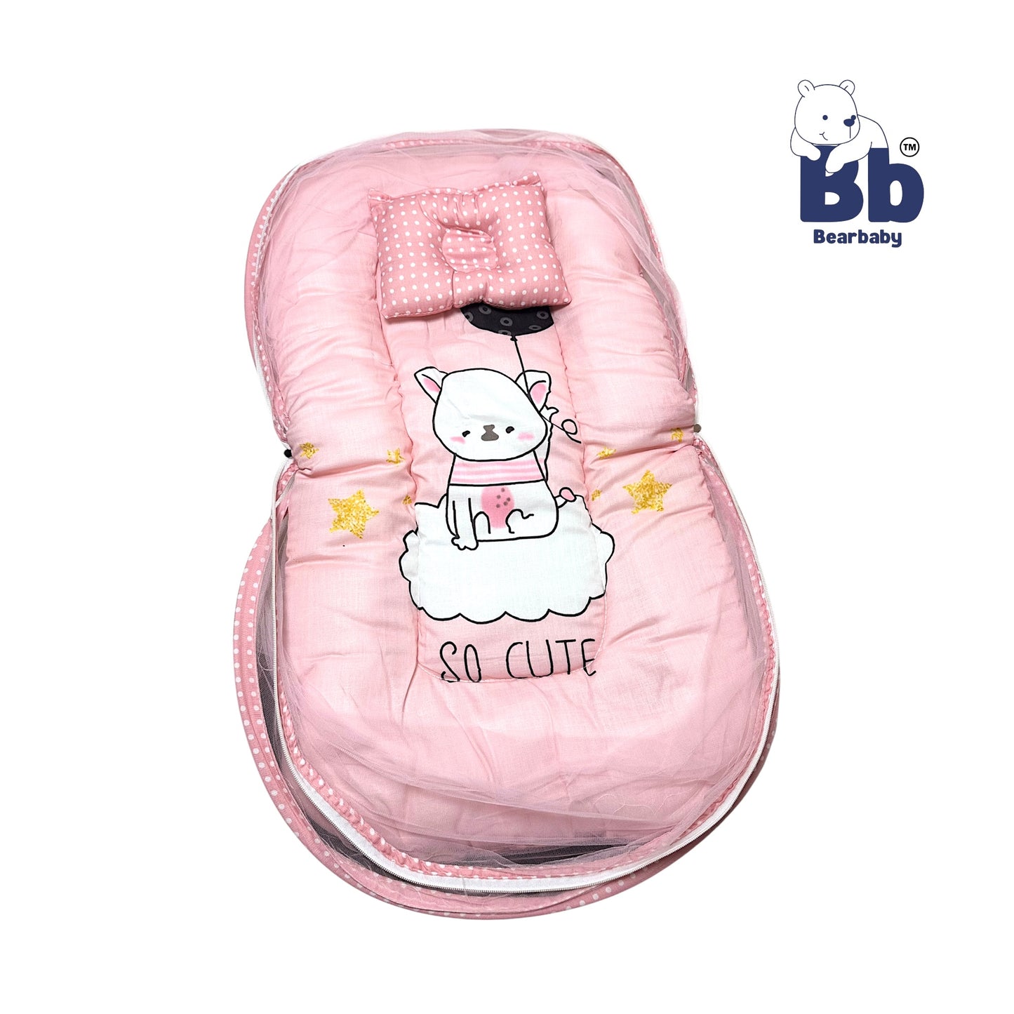 Baby Bed with Thick Mattress & Mosquito Net & Neck Pillowwith Zip Closure-Penguin Hello Winter