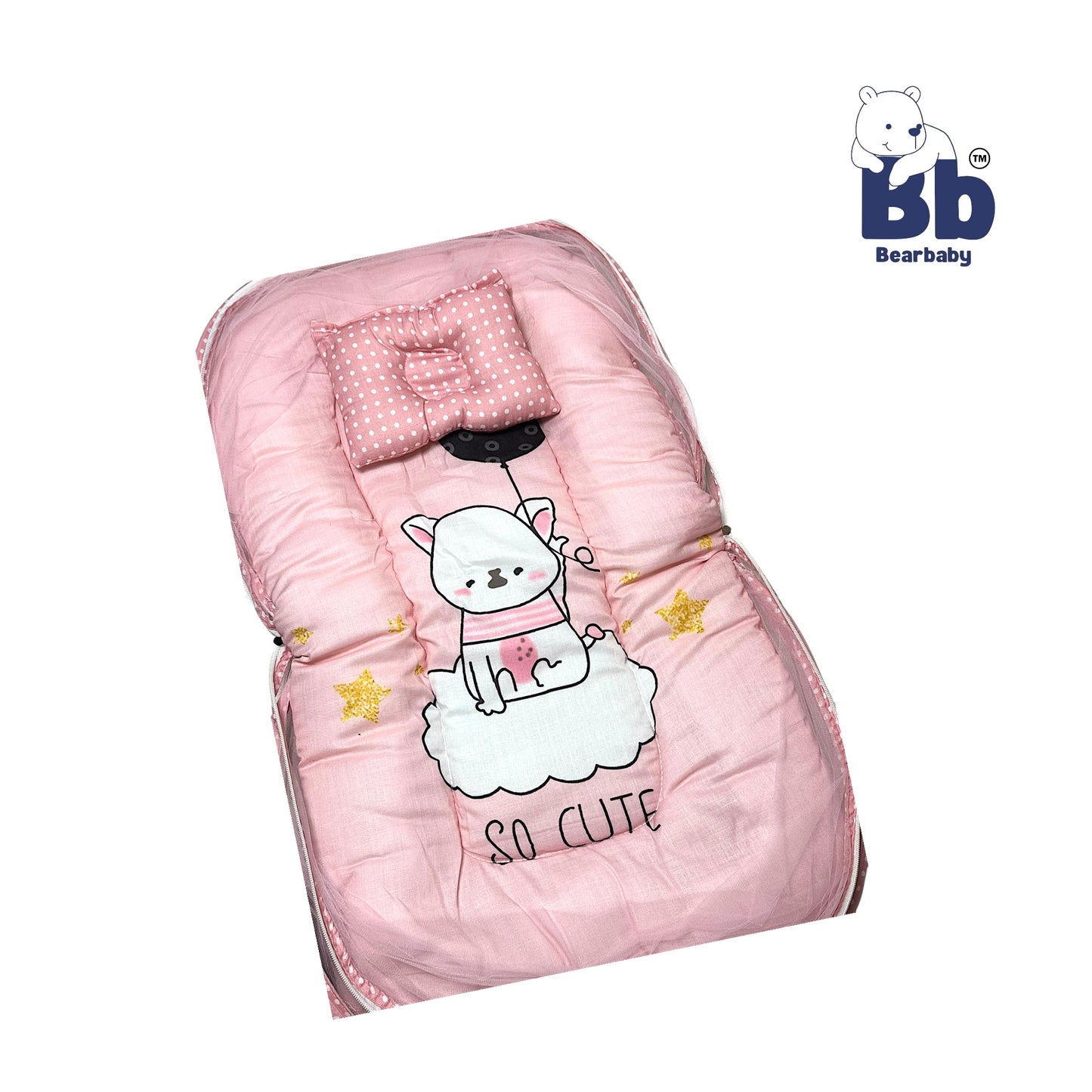 Baby Bed with Thick Mattress & Mosquito Net & Neck Pillowwith Zip Closure-Penguin Hello Winter