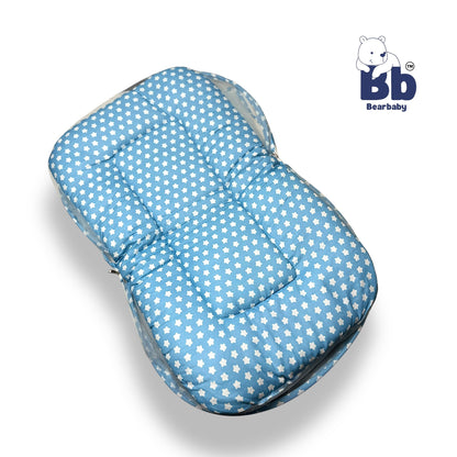 Baby Bed with Thick Mattress & Mosquito Net & Neck Pillow with Zip Closure-Penguin Hello Winter