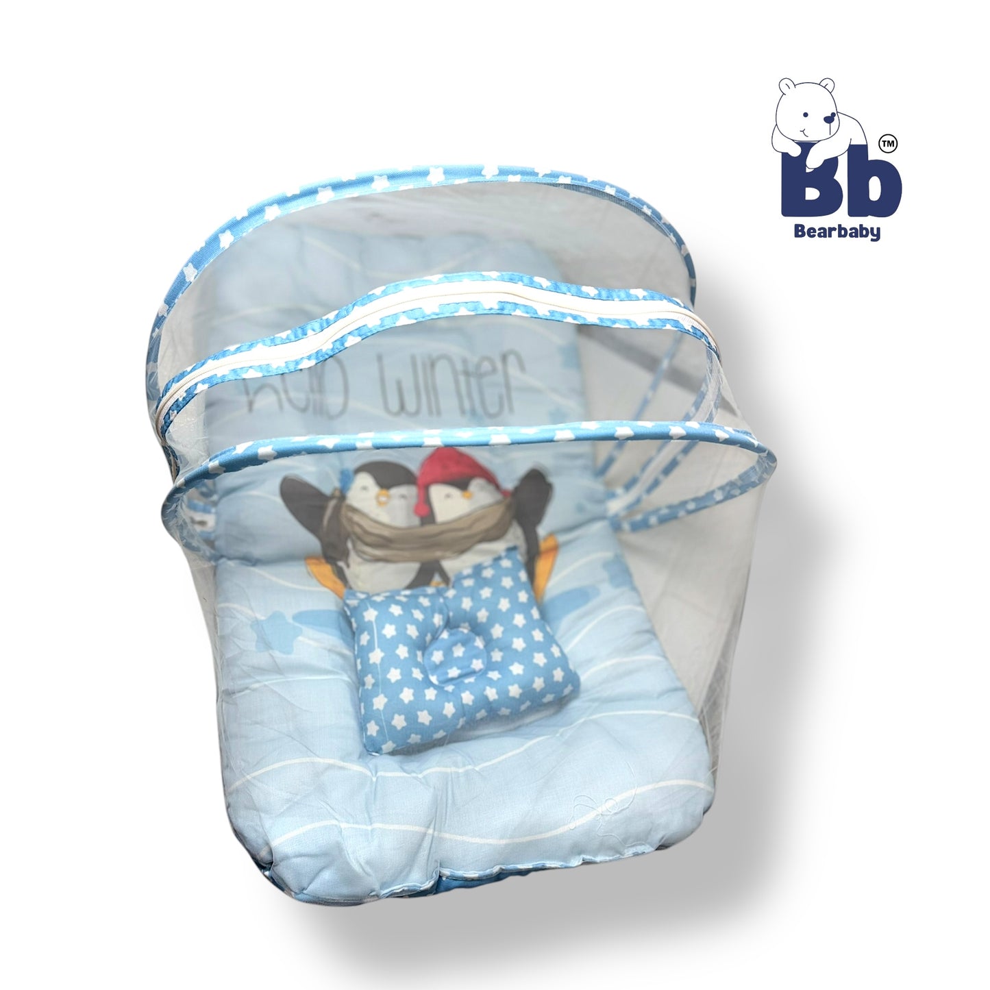 Baby Bed with Thick Mattress & Mosquito Net & Neck Pillow with Zip Closure-Penguin Hello Winter