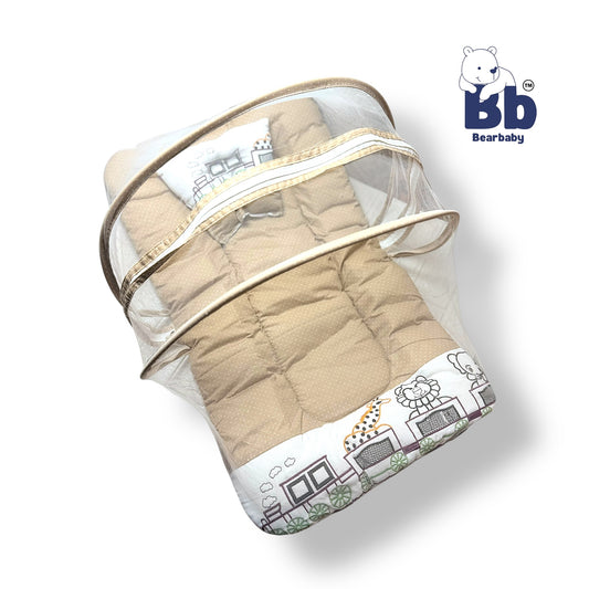 Premium EmbroideryBaby Bed with Thick Mattress & Mosquito Net & Neck Pillowwith Zip Closure