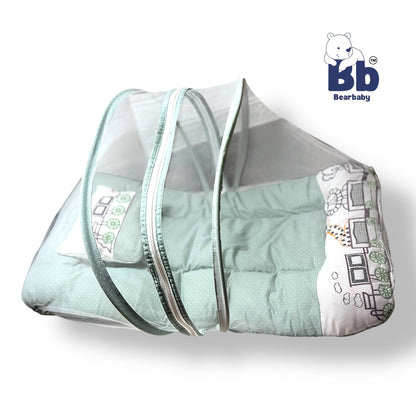 Premium EmbroideryBaby Bed with Thick Mattress & Mosquito Net & Neck Pillowwith Zip Closure
