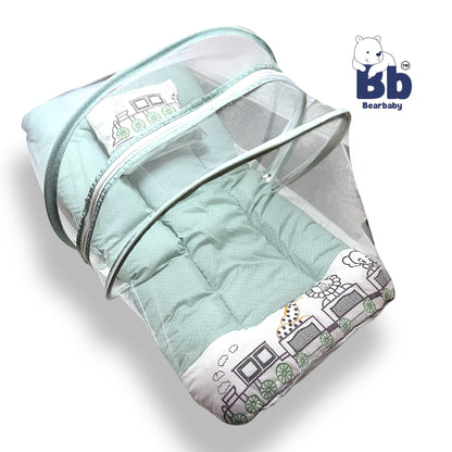Premium EmbroideryBaby Bed with Thick Mattress & Mosquito Net & Neck Pillowwith Zip Closure
