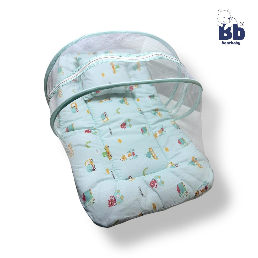 Baby Bed with Thick Mattress & Mosquito Net & Neck Pillowwith Zip Closure-Animal Print