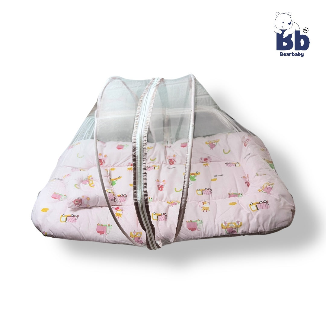 Baby Bed with Thick Mattress & Mosquito Net & Neck Pillowwith Zip Closure-Animal Print