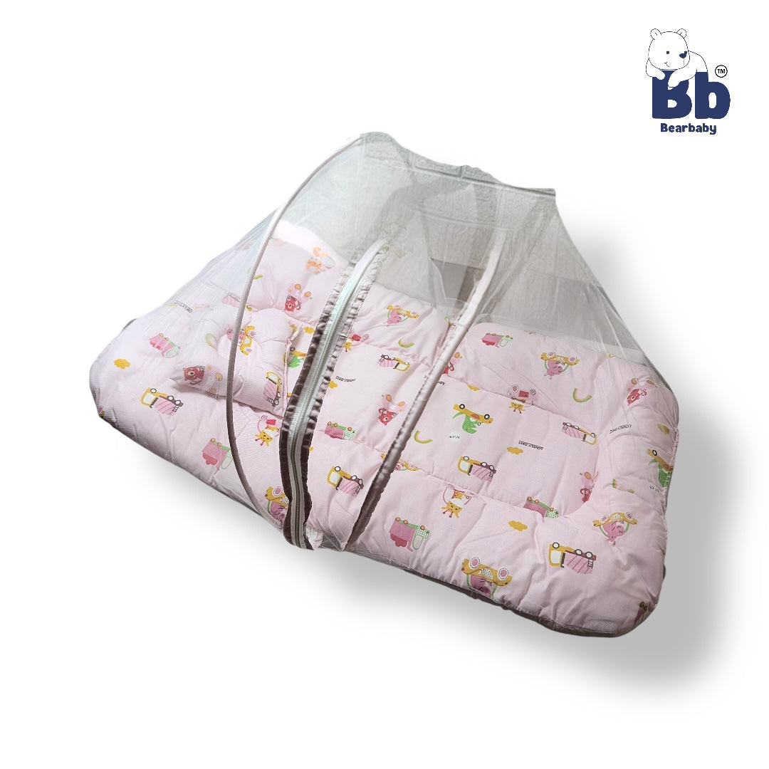 Baby Bed with Thick Mattress & Mosquito Net & Neck Pillowwith Zip Closure-Animal Print