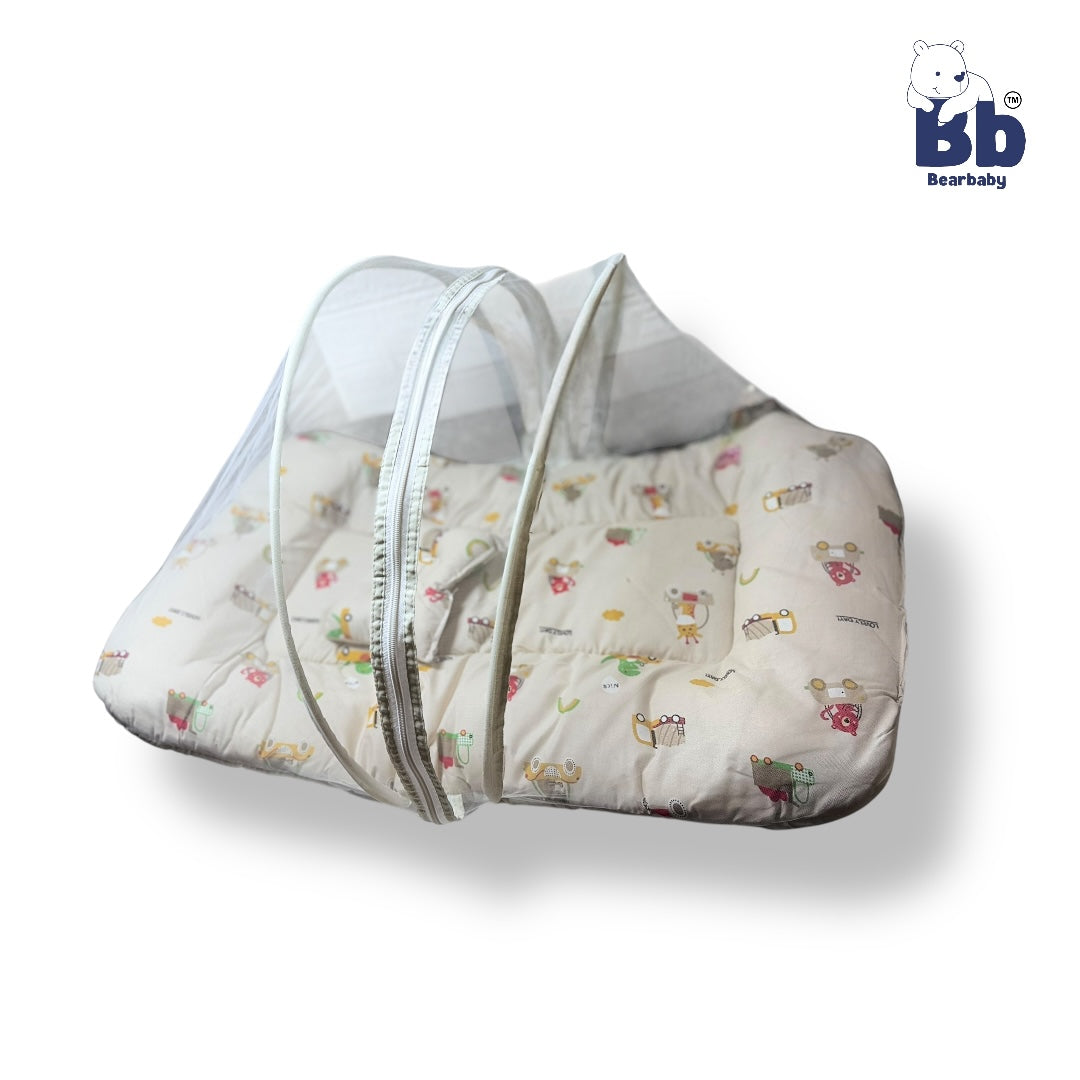 Baby Bed with Thick Mattress & Mosquito Net & Neck Pillowwith Zip Closure-Animal Print