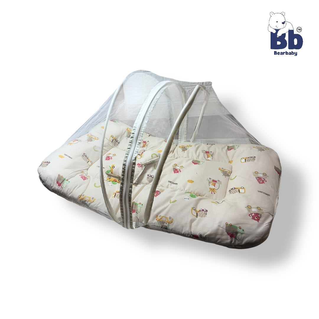 Baby Bed with Thick Mattress & Mosquito Net & Neck Pillowwith Zip Closure-Animal Print