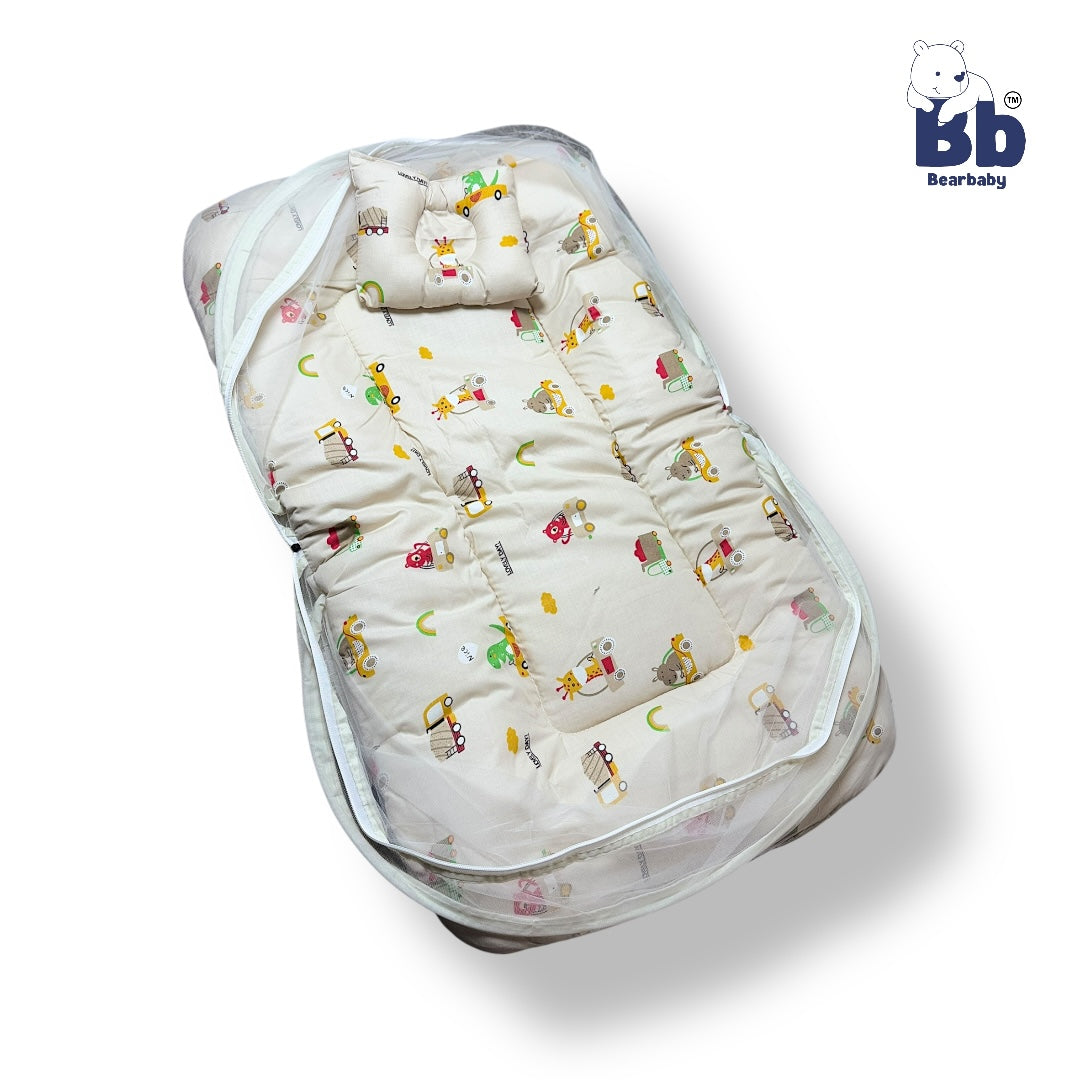 Baby Bed with Thick Mattress & Mosquito Net & Neck Pillowwith Zip Closure-Animal Print